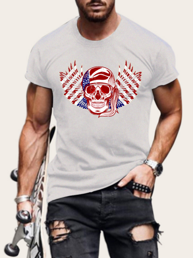 Men's American Flag with Skull Graphic Tee Short Sleeve T-Shirt Top