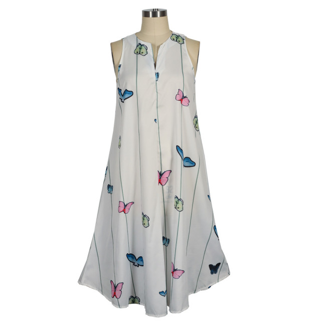Women's V-Neck Maxi Dress Butterfly Printed Sleeveless Summer Casual Dress