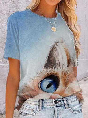 Women's 3D Cat Printed T-Shirts Crew Neck Short Sleeve Top