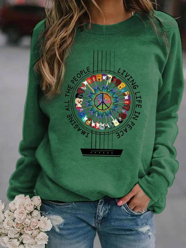 Women's All The People Living Life In Peace Hippie Guitar Sweatshirt Top Long Sleeve Shirt
