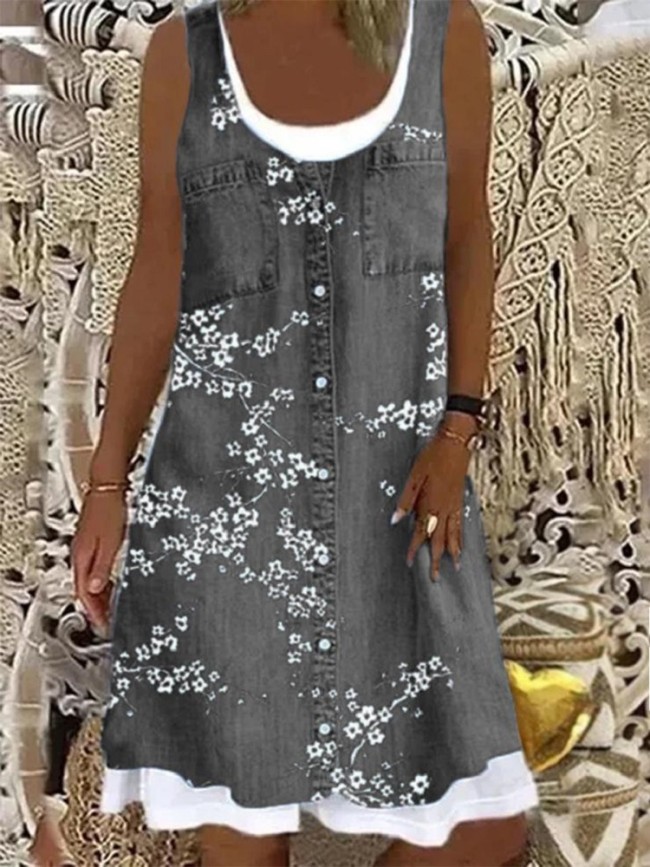 Women's Casual Floral Midi Dress Sleeveless Crew Neck Boho Dress