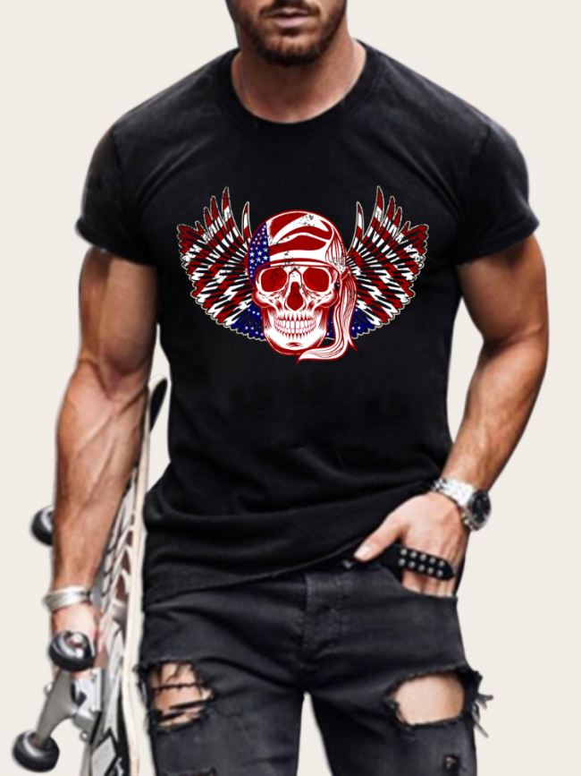Men's American Flag with Skull Graphic Tee Short Sleeve T-Shirt Top