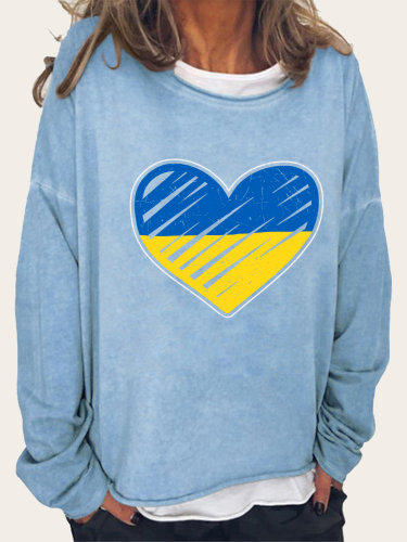 Women's Love Heart Blue and Yellow Color Casual Loose Long Sleeve Sweatshirt Top
