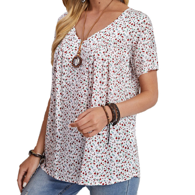 Women's Full Floral Short SleeveT-Shirt Casual V-Neck Top