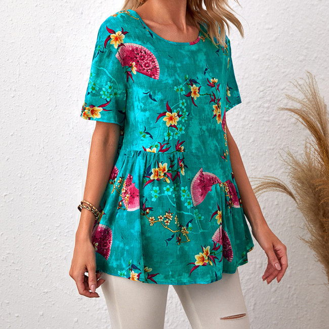 Women's Floral Printed Casual Loose T-Shirt Blue Crew Neck Short Sleeve Tee Top