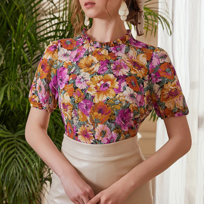 Women's Floral Chiffon Short Sleeve Chic Style Shirt