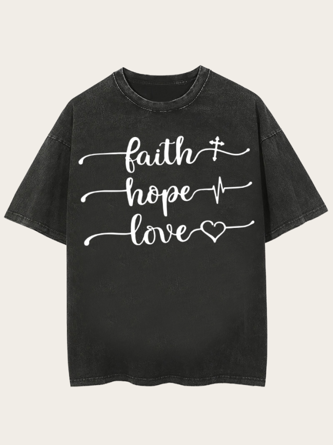 Washed Vintage Feith Hope Love Black Color Cowgirl Tee Shirt Print Tee