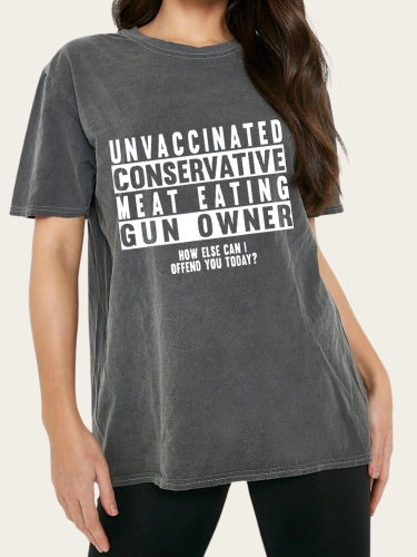 Washed Vintage Unvaccinated Conservative Meat Eating Gun Owner Print Black Color Cowgirl Tee Shirt Print Tee