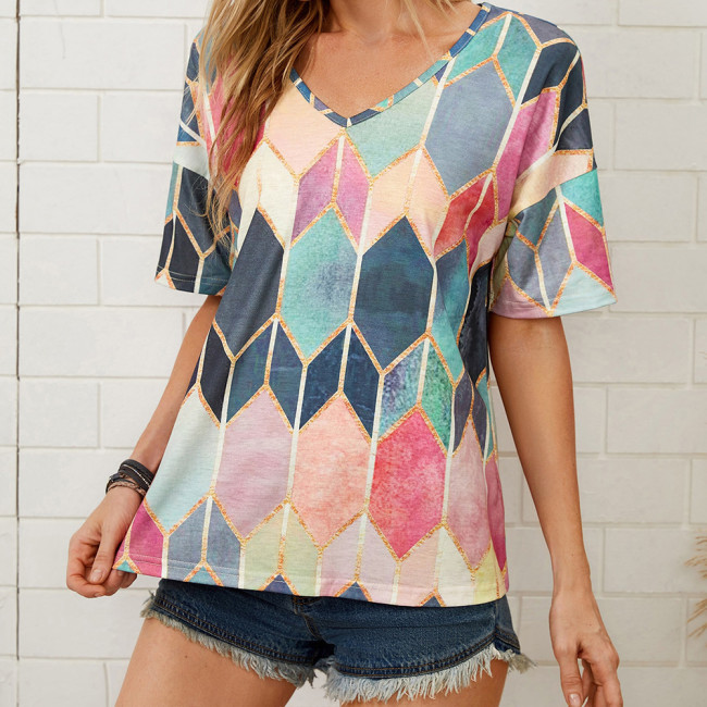 Women's Casual T-Shirt Colorful Rhombus Printed Short Sleeve V-Neck Tee Top