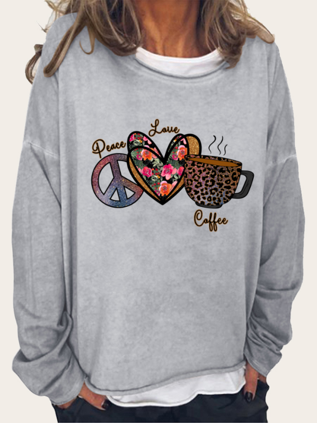 Women's Peace Love Coffee Graphic Pattern Long Sleeve Sweatshirt Top