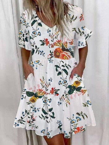 Women's Floral Boho Midi Dress Ruffle Pocket V-Neck Summer Casual Dress