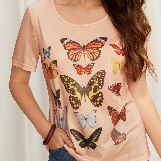Women's Butterfly Printed T-Shirt Casual Crew Neck Short Sleeve Top