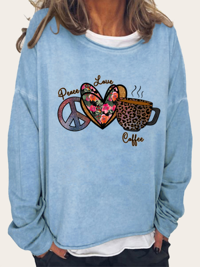 Women's Peace Love Coffee Graphic Pattern Long Sleeve Sweatshirt Top