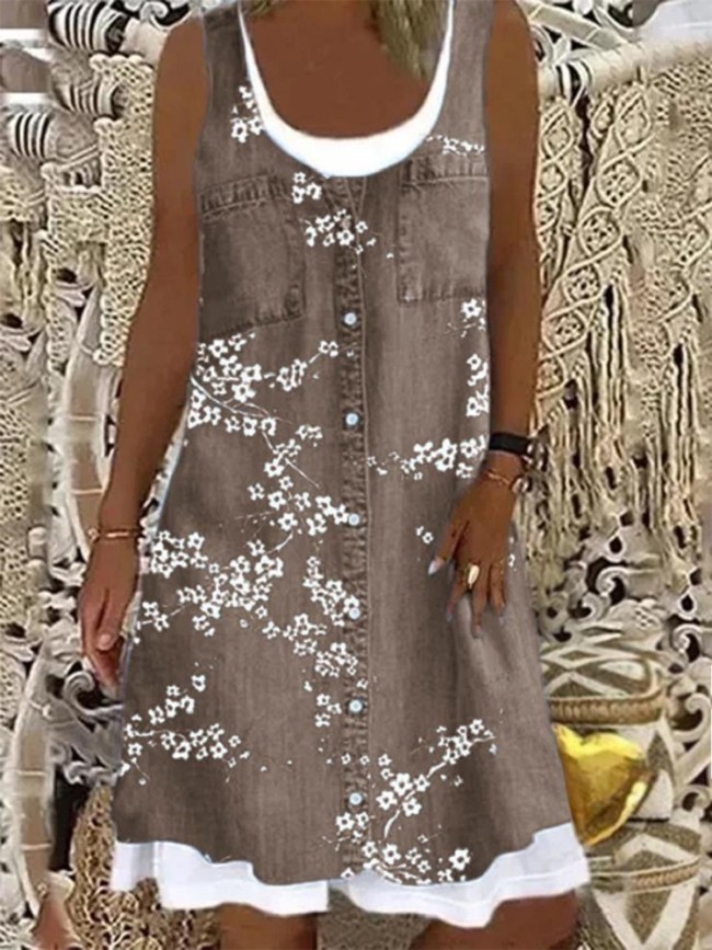 Women's Casual Floral Midi Dress Sleeveless Crew Neck Boho Dress