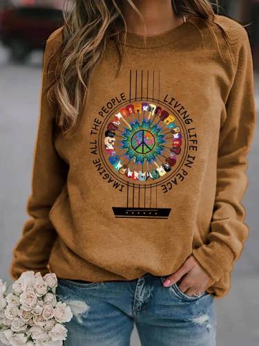 Women's All The People Living Life In Peace Hippie Guitar Sweatshirt Top Long Sleeve Shirt