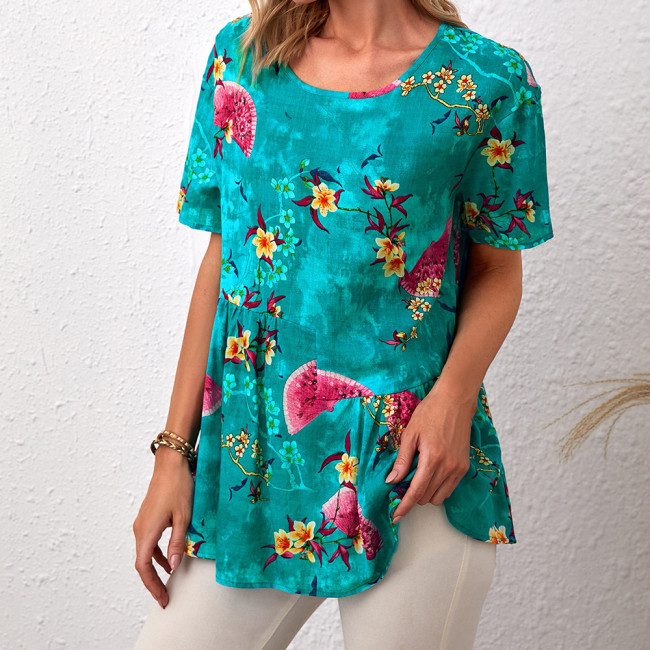 Women's Floral Printed Casual Loose T-Shirt Blue Crew Neck Short Sleeve Tee Top