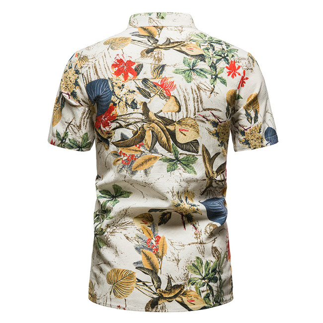 2022 Men's Casual Hawaii Shirt Henley Collar Cropped Beach Paisley Floral Shirt