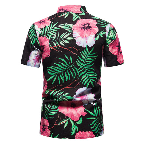 2022 Men's Casual Hawaii Shirt Henley Collar Beach Paisley Black Floral Shirt Top