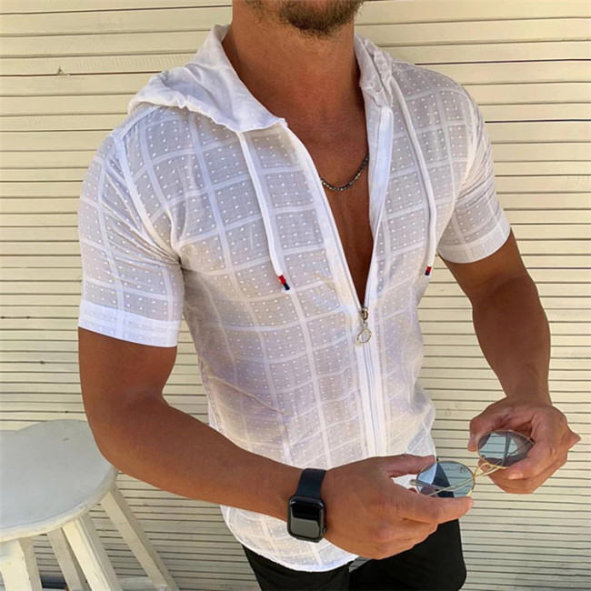 Men's Casual Solid Short Sleeve Hoodie Zipper T-Shirt