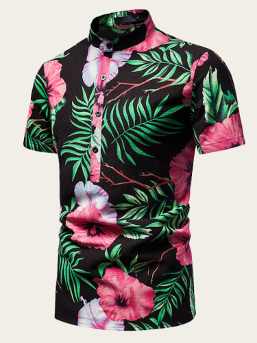 2022 Men's Casual Hawaii Shirt Henley Collar Beach Paisley Black Floral Shirt Top