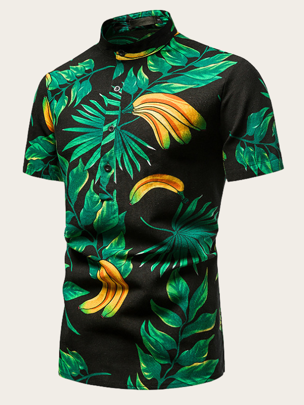 2022 Men's Casual Hawaii Shirt Henley Collar Beach Shirt Banana Black Paisley Shirt Top