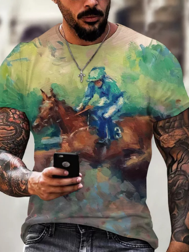 Men's Hip Hop Style 3D Horse Digital Printing Street Short Sleeve T-Shirt Top