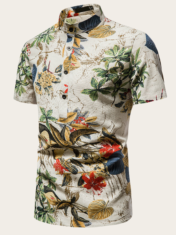 2022 Men's Casual Hawaii Shirt Henley Collar Cropped Beach Paisley Floral Shirt