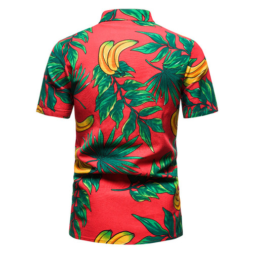 2022 Men's Casual Hawaii Shirt Henley Collar Beach Paisley Red Shirt Top