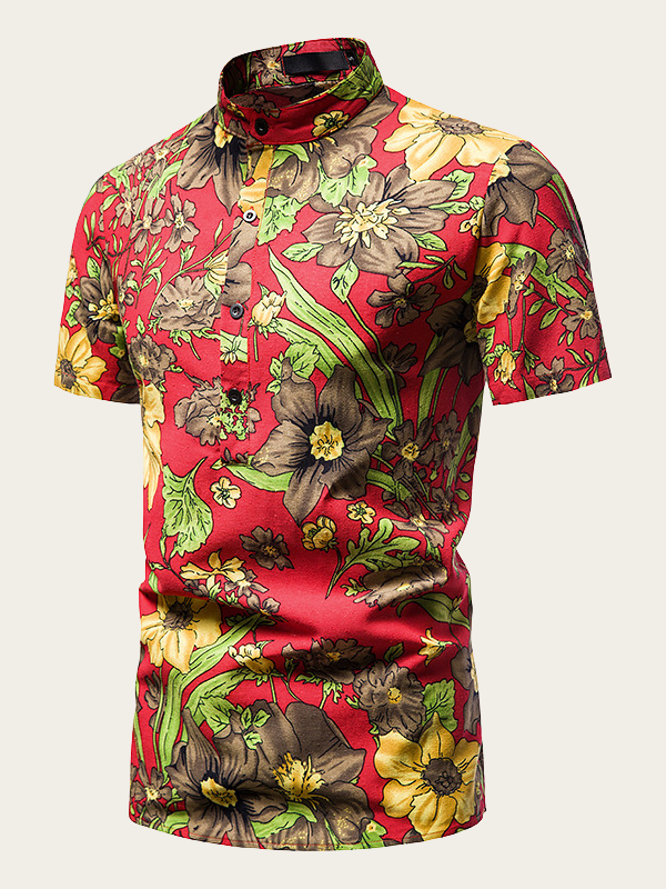 2022 Men's Casual Hawaii Shirt Henley Collar Beach Paisley Red Floral Shirt Top