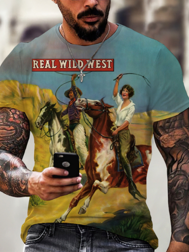 Men's Hip Hop Style 3D Digital Printing Street Short Sleeve Real Wild West Graphic T-Shirt Top