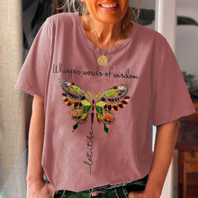 Women's Whisper Words Of Wisdom Let It Be Butterfly Printed Graphic Tee Top