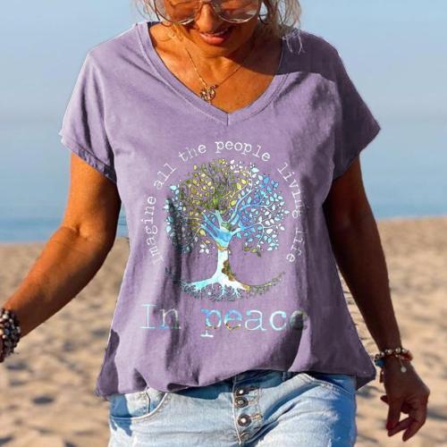 Women's Imagine All The People Living Life Tree Of Life Graphic Tee Short Sleeve Top