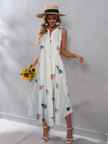 Women's V-Neck Maxi Dress Butterfly Printed Sleeveless Summer Casual Dress