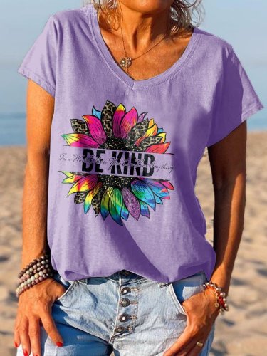 Women's Be Kind Colorful Sunflower Printed Casual Loose V-Neck Short Sleeve T-shirt Top