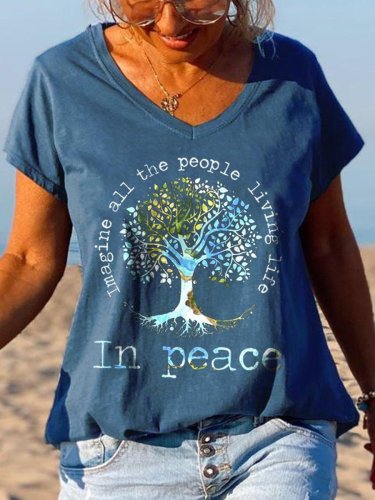 Women's Imagine All The People Living Life Tree Of Life Graphic Tee Short Sleeve Top