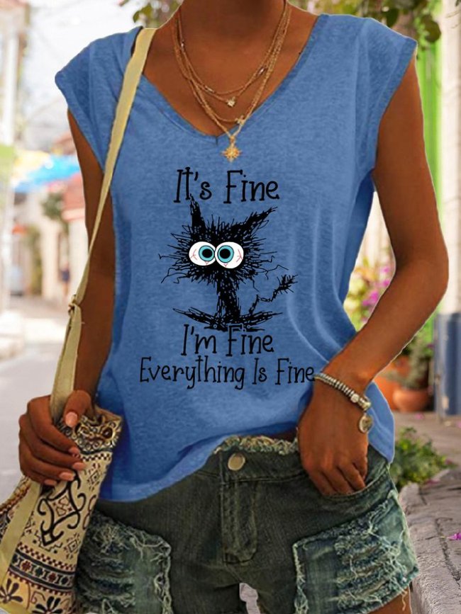 Women's Cat It's Fine I'm Fine Everything Is Fine Funny Graphic T-Shirt Top