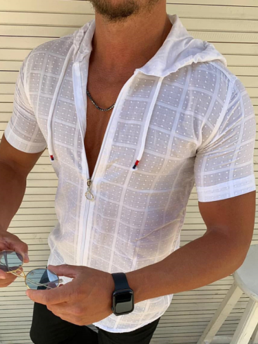 Men's Casual Solid Short Sleeve Hoodie Zipper T-Shirt