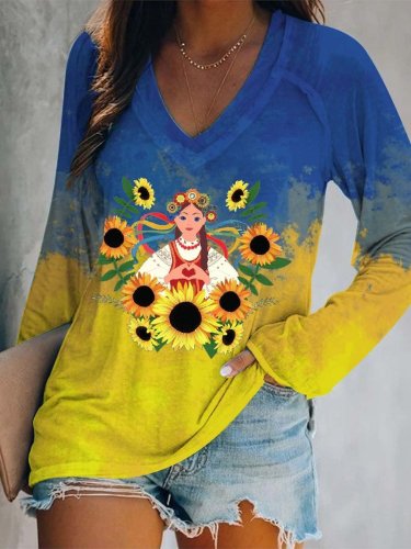 Women's Peace Love Freedom Sunflower stand with Ukraine V Neck Top