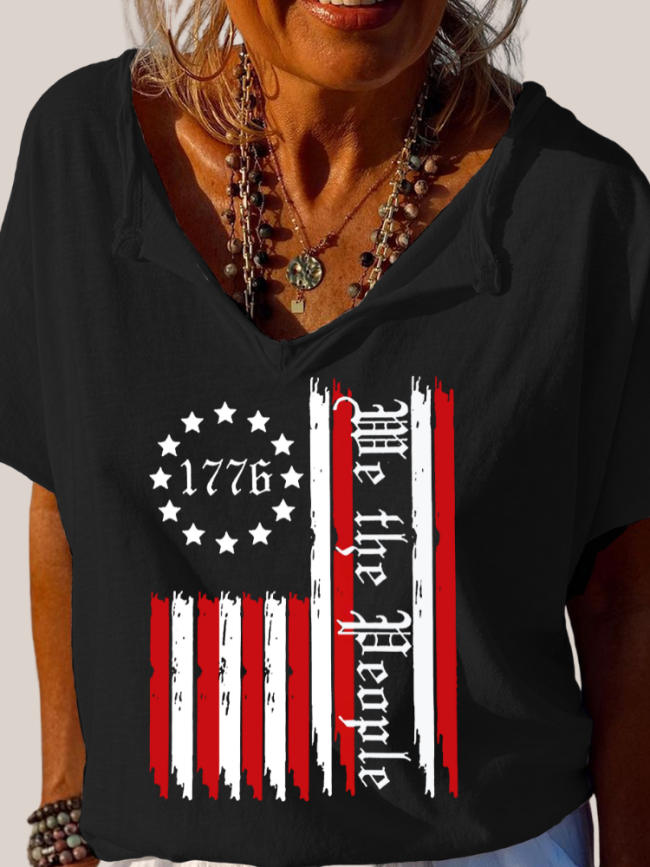 Amercian Flag Help the People Trundown Collar T Shirt Women's Loose Short Sleeve Top Spring Plus Size Shirt