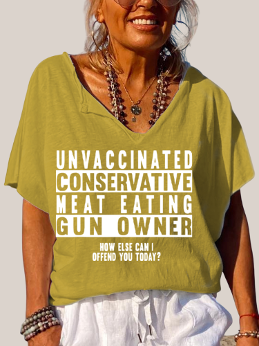 Unvaccinated Conservative Meat Eating Gun Owner Trundown Collar T Shirt Women's Loose Short Sleeve Top Spring Plus Size Shirt