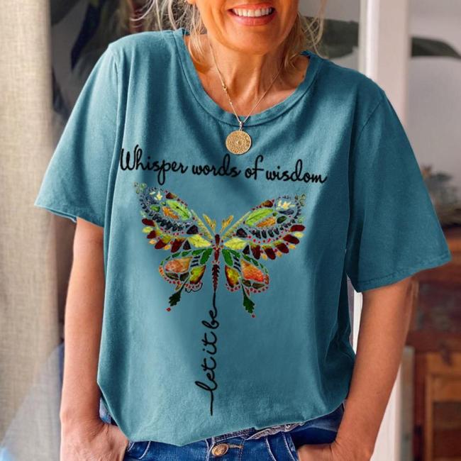 Women's Whisper Words Of Wisdom Let It Be Butterfly Printed Graphic Tee Top