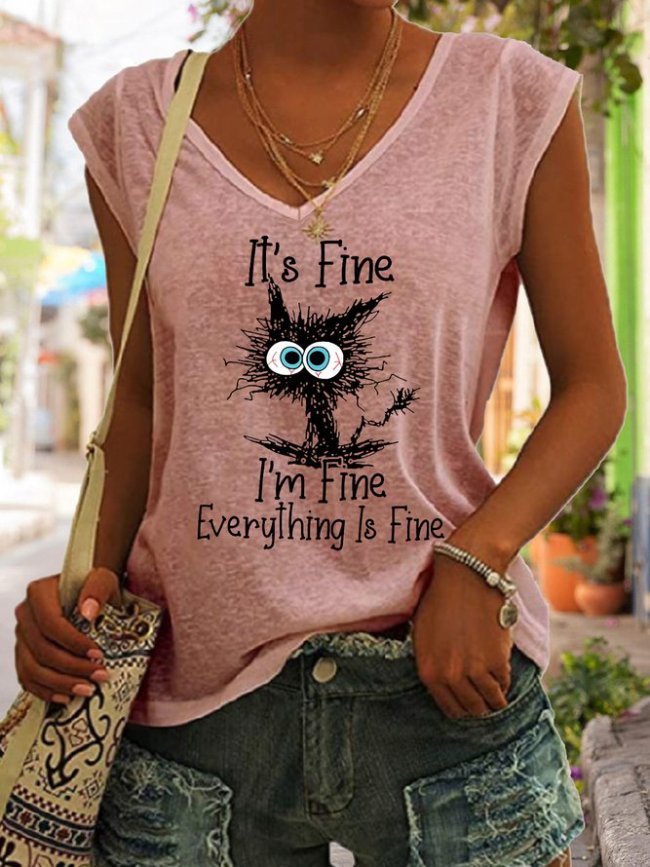 Women's Cat It's Fine I'm Fine Everything Is Fine Funny Graphic T-Shirt Top