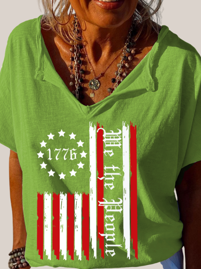 Amercian Flag Help the People Trundown Collar T Shirt Women's Loose Short Sleeve Top Spring Plus Size Shirt