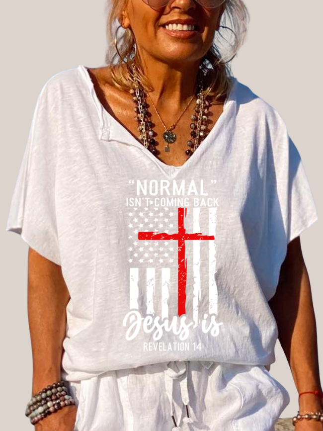 Normal Isn't Coming Back But Jesus Is Trundown Collar T Shirt Women's Loose Short Sleeve Top Spring Plus Size Shirt