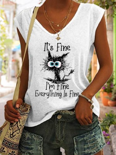 Women's Cat It's Fine I'm Fine Everything Is Fine Funny Graphic T-Shirt Top