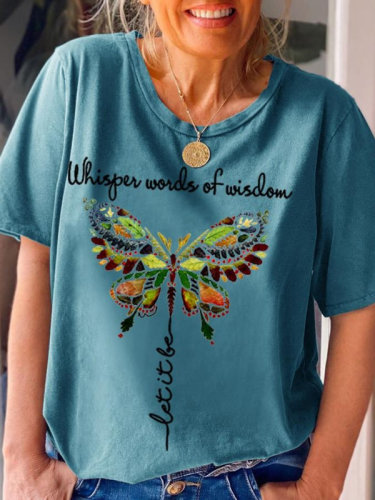 Women's Whisper Words Of Wisdom Let It Be Butterfly Printed Graphic Tee Top