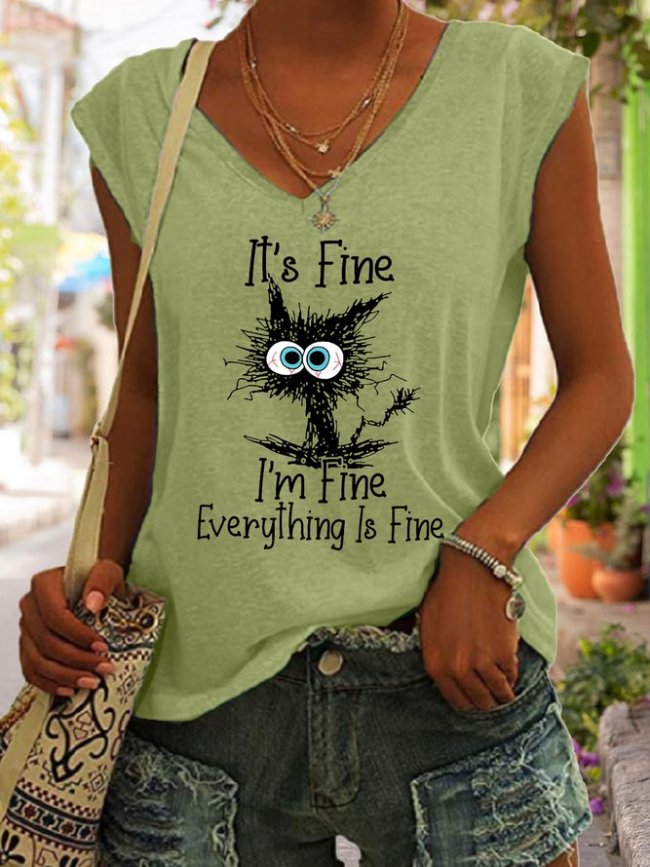 Women's Cat It's Fine I'm Fine Everything Is Fine Funny Graphic T-Shirt Top