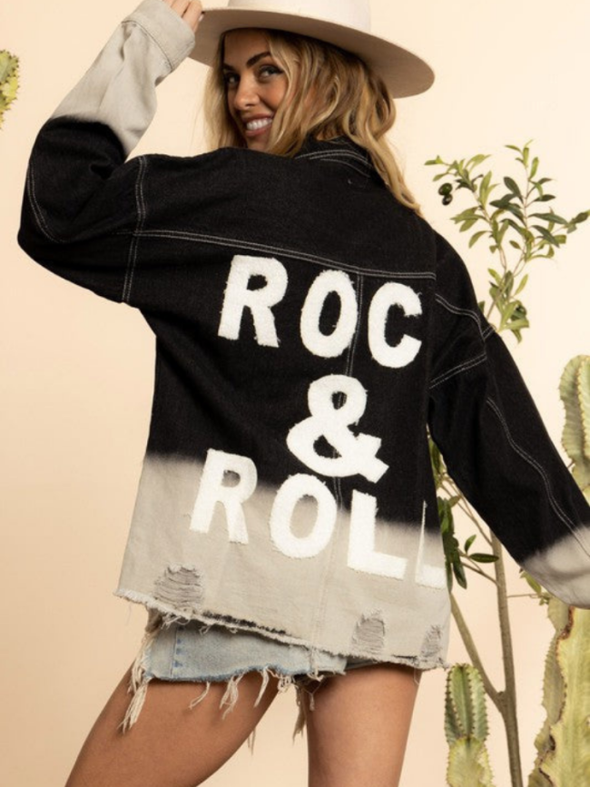 Oversized Boyfriend Cut With ROCK & ROLL At The Back Distressed Denim Jacket Vintage Color Matching Ripped Coat