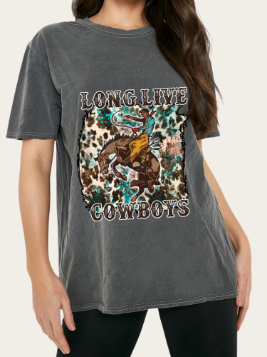 Washed Vintage Tee Shirt With Long Live Cowboy Print Distressed Loose Cutting Graphic Tee