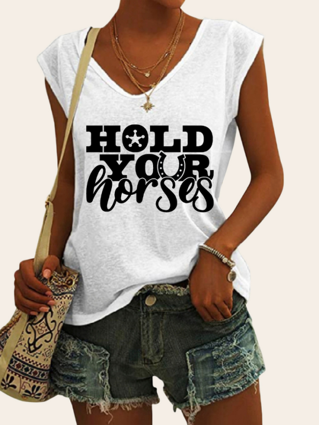 Hold your Horse Cowgirl Graphic Tees Women's Casual Loose T-Shirts Cap sleeve Top